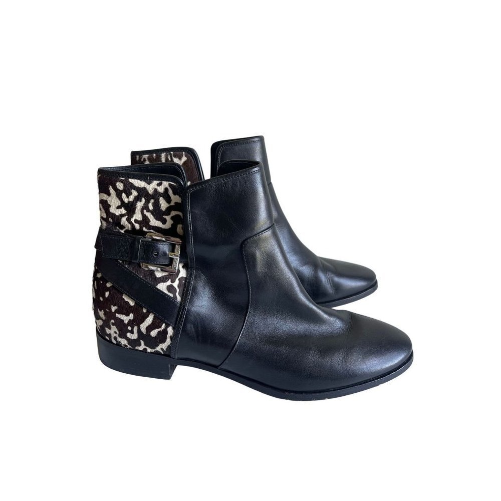Michael Kors Black Leather Ankle Boots with Brown & White Animal Print Heel